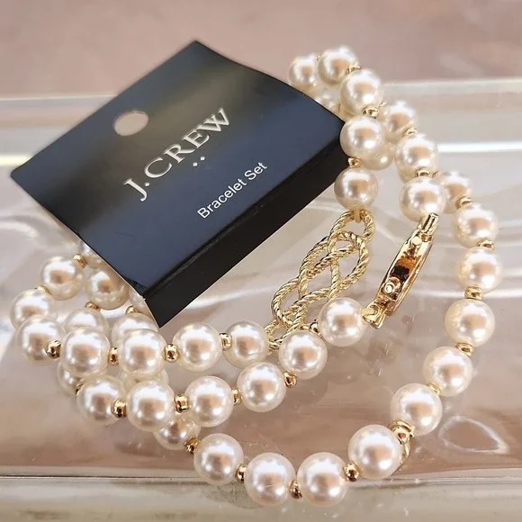 J. Crew Pearl Bracelet Set‎ Nautical Charm Gold Tone Elegant Jewelry - Picture 6 of 6